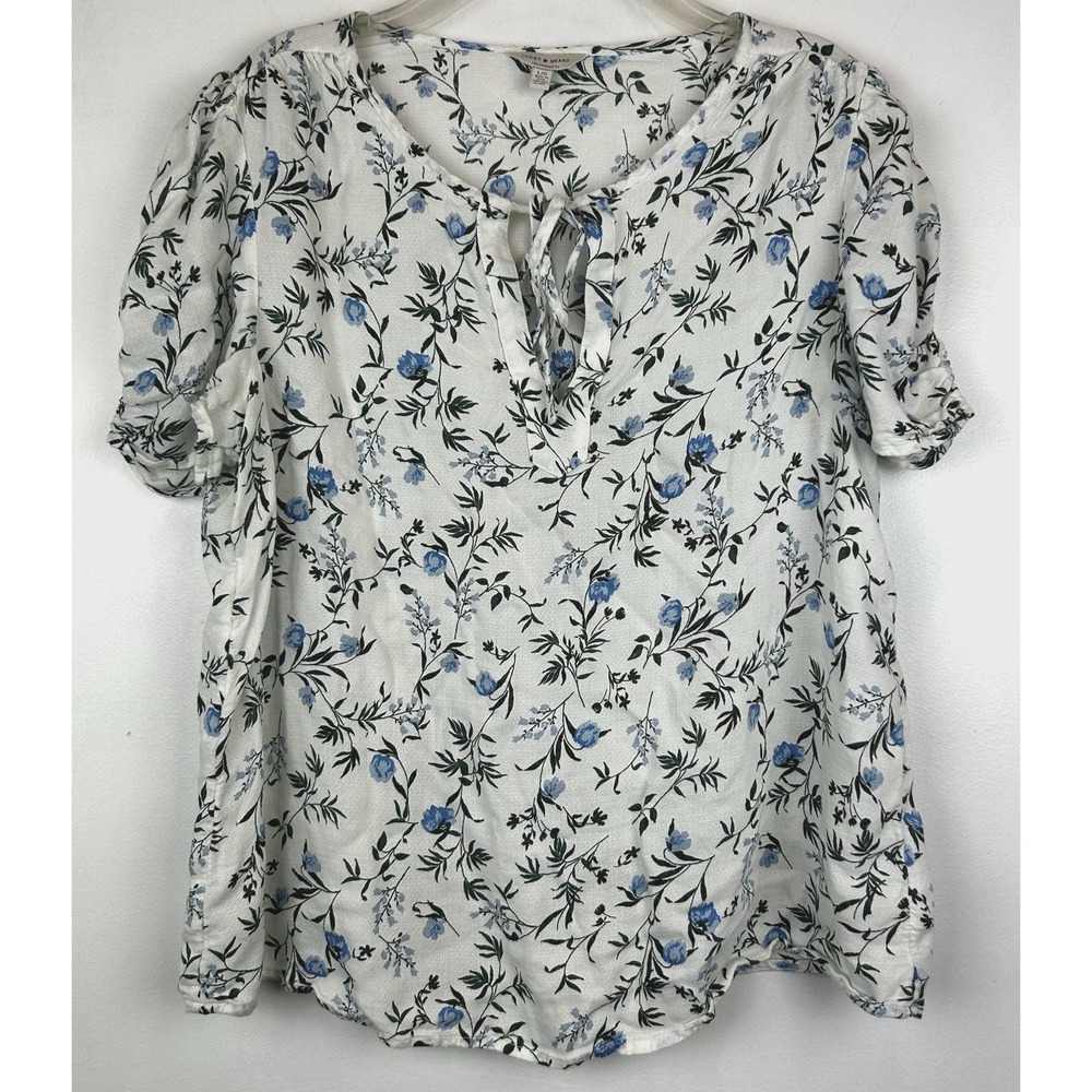 Lucky Brand Top Womens Large White Floral Print Peasant Tie Boho Milkmaid Spring